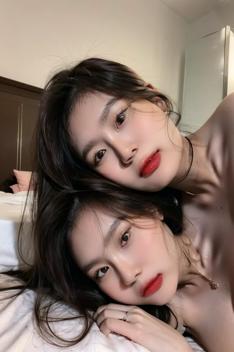 ((highest quality, 8K, masterpiece: 1.3)), sharp focus: 1.2, beautiful thai asian cute woman with perfect cute figure: 1.4, whole body, thin abs: 1.2, (((dark brown hair, medium: 1.4)), bed: 1.2, Highly detailed face and skin texture, fine eyes, double eyelid, sleep on bed. bid , peau bronzée, décoletée, sexy, hot girl, nude, gros seins, natural cute face, no lipstick, beautiful pink tits, detailed tits, no make up, inocente, beautifil tits, beautiful chest detailed 