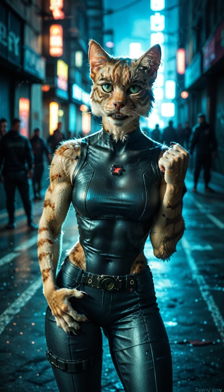 (zPDXL2),  score_9, score_8_up, score_7_up,
(cyberpunk city, night alley, midnight, furry crowd on background, fight club, brawling), 
((Cat:1.2), anthro, female, looking to camera, fight scene, hand to hand battle, ((closeup portrait)), fur, short punk haircut, beautiful, have a cyberpunk-style augmentations, grin),
AissistXLv2, unaestheticXL_bp5, SimplePositiveXLv2, zPDXL2 PonyXLV6_Scores