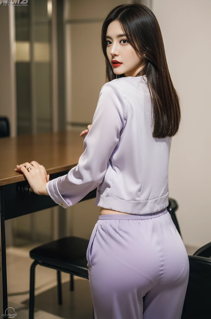 (best qualtiy,8k,32K,tmasterpiece,,realisticlying,The is very detailed, hyper HD:1.2),1girll, Female celebrities,Exquisitehands, a narrow waist,Purple top,Open jacket,office lady,Business suit,trouser,from back,office room,Office desk,(stick out buttocks:1.2),Cocked buttocks,Detailed face,short detailed hair,absurderes,Background bokeh, satin flowing pant, protruding beautiful wide hips