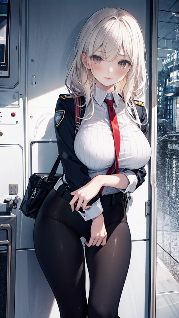 1 Girl:1.3), Solitary, __body parts__ Delicate and realistic skin, Pale skin, Large target, Official Art, Unity 16K Wallpaper, Ultra Detailed, beauty, masterpiece, best quality, Awesome atmosphere, Calming color palette, A calm mood, Soft shadows, Airline stewardess, charm，((Large Breasts))，Black tights，Police Uniform，（(Black leggings)),sweater,blush，liquid，cute，Tights