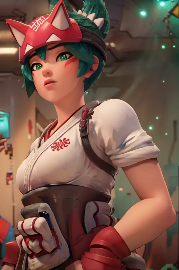 High definition, ((Glowing green eyes))), ((mad)), (((Fighting pose))),realistic, realism, photorealism, photo-realistic, high contrast, (photorealistic:1.4), 8k high definition detailed realistic, (best quality, masterpiece:1.2), photon mapping, radiosity, physically-based rendering, best quality, highly detailed, 1girl, owkiriko, green hair:0.6, looks at the viewer, red dress, ((glowing eyes)),