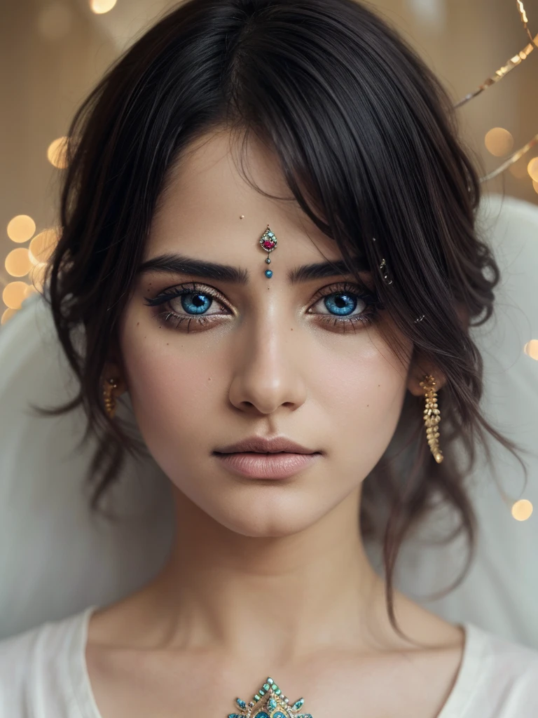 This is a dreamy and ethereal image. Lord Krishna with beautifully detailed and realistic eyes. Include ink drips, peacock feathers and fairy lights. The colors used should be soft and pastel except for his eyes, which should be bold and realistically shaded. Include luminous, glitter, shimmer, and intricate detailing. This is a high quality image from world-class artist agnes cecile. ((masterpiece))closeup shot