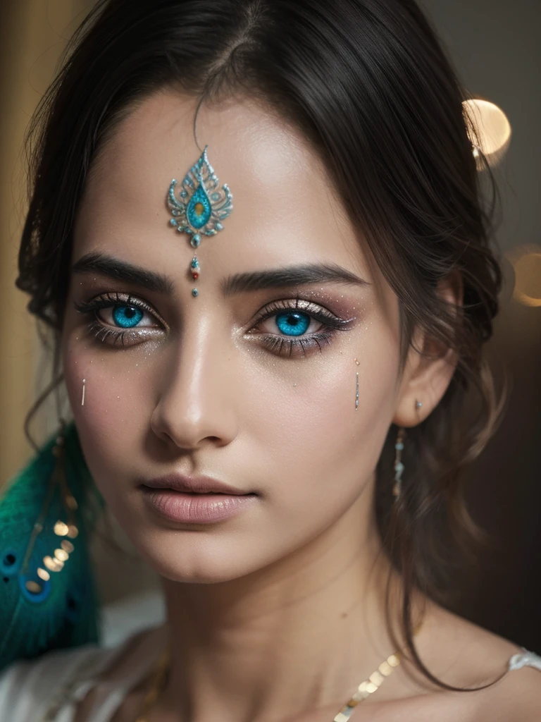 This is a dreamy and ethereal image. Lord Krishna with beautifully detailed and realistic eyes. Include ink drips, peacock feathers and fairy lights. The colors used should be soft and pastel except for his eyes, which should be bold and realistically shaded. Include luminous, glitter, shimmer, and intricate detailing. This is a high quality image from world-class artist agnes cecile. ((masterpiece))closeup shot