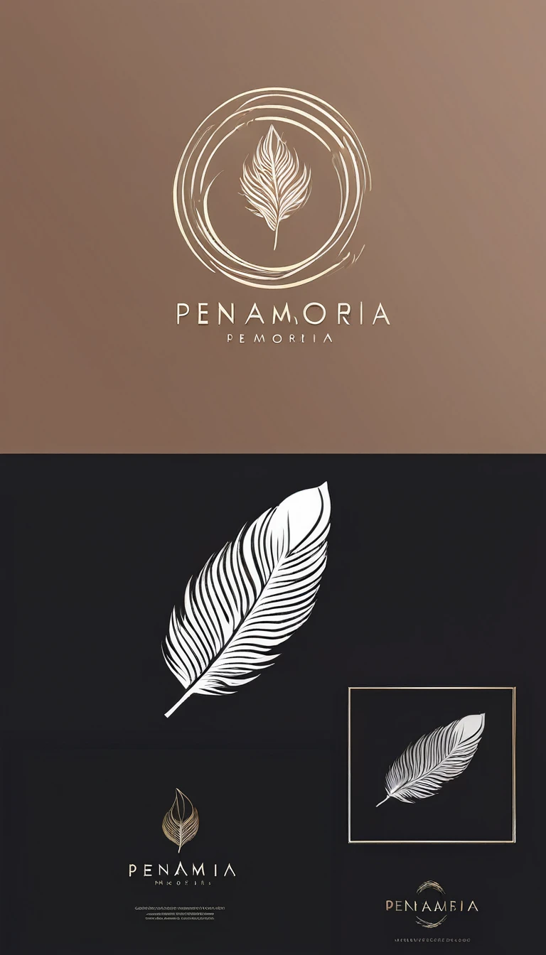 A minimal, modern, simple, cinematic logo design for the brand “Penamemoria". Create a modern, minimalistic, high-quality, masterpiece, fantastic, poetic feather that symbolizes dreams and stories.