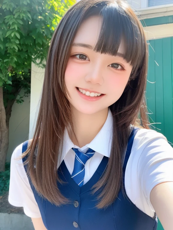 See through，Beautiful and fair、Glowing Skin, 3 Up, nice, bright, Refreshing and gentle look, Perfect beautiful face、Beautiful shiny bangs, Very beautiful 17 year old girl, eyeliner, Very perfect eyes，Very large breasts，(school uniform, short sleeve),smile,classroom