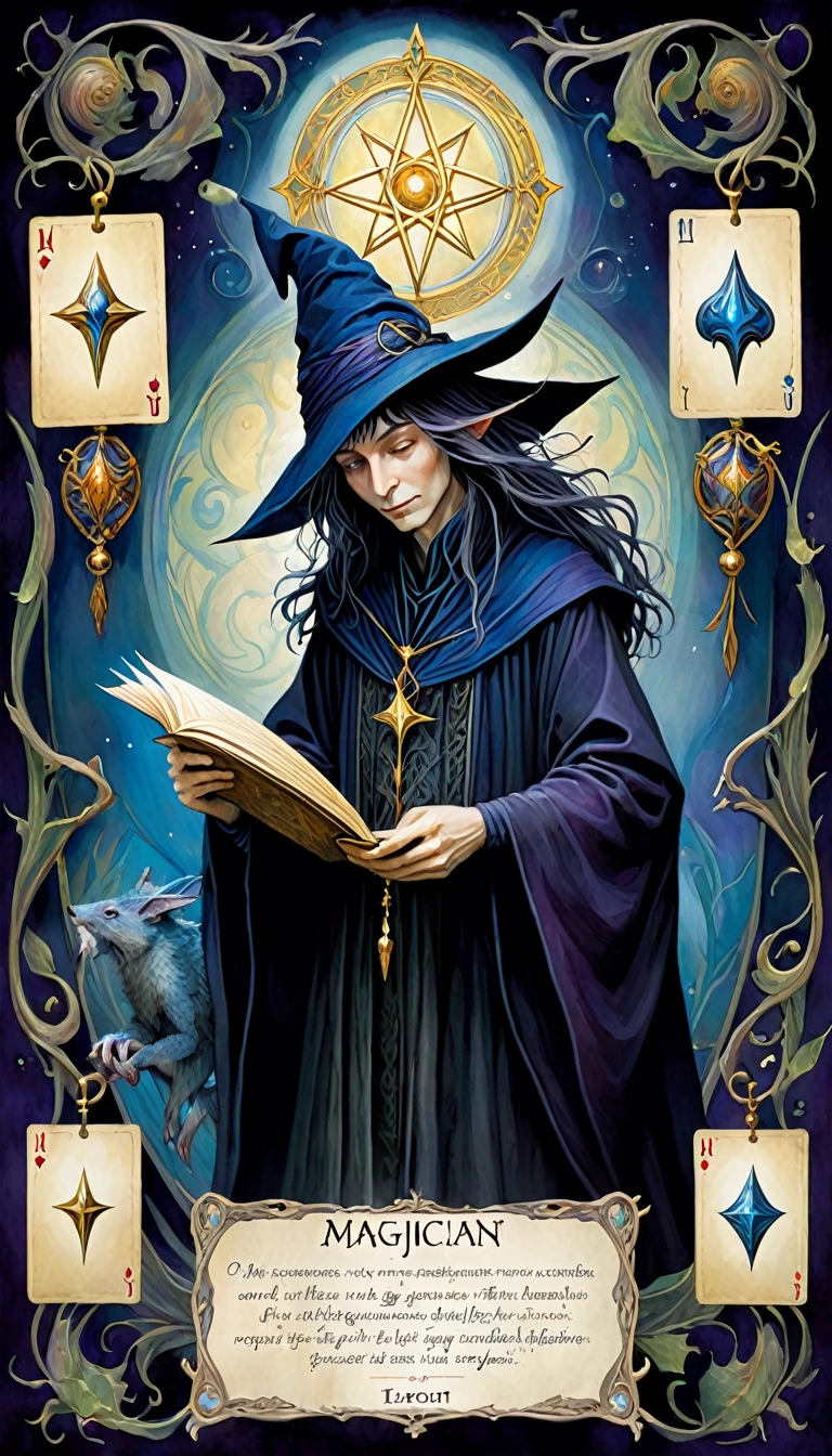 Tarot Cards, magician, ((Text on the card: "magician"))artwork：Brian Froud、Carne Griffith、Vadim Kashin, Intricate details, Oil
