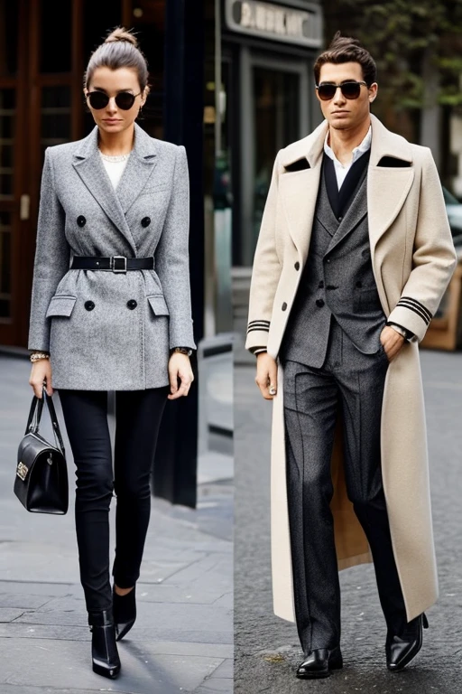 They are walking down the street holding hands, well-dressed, well dressed, dressed in expensive clothes, wearing suit, trench coat and suit, on the city street, couple walking hand in hand, lovely couple, wearing jacket and skirt, short skirt and a long jacket, couple pose, wearing fashion suit, high quality fashion photo shoot, Man and woman walking together, ultrarealism