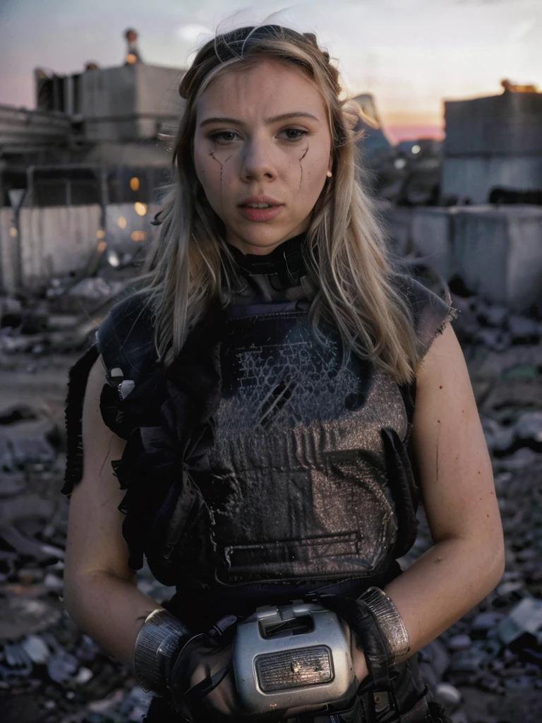 (highest quallity:1.3), cinematic shot, work of art, (sharp focus:1.5), (photorrealistic:1.3), portrait of 25-year-old actress Scarlett Johansson, breasts showing naked breasts, Dirty blonde long hair, dusty face, Dressed in the armor of the future, Contra o pano de fundo de um dusts-apocalipse desolado, céu no dusk cor alaranjado e denso, ruined ultra futuristic rounded buildings, futuristic architecture, ruins of a city, black leather gloves on hands, the wind, dust, Destroyed buildings, Burnt car skeletons, Oppressive atmosphere, Dirty orange skies, dusk, Photographic realism, sharp focus, Human bones and skulls are scattered everywhere, piles of garbage, Building debris, fall, photo 3/4, Realistic facial skin, Dust on clothes, Atmosfera opressiva, apocalypse, as realistic as possible