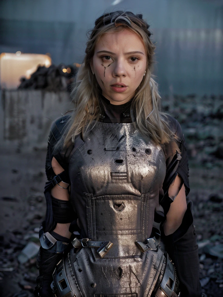 (highest quallity:1.3), cinematic shot, work of art, (sharp focus:1.5), (photorrealistic:1.3), portrait of 25-year-old actress Scarlett Johansson, breasts showing naked breasts, Dirty blonde long hair, dusty face, Dressed in the armor of the future, Contra o pano de fundo de um dusts-apocalipse desolado, céu no dusk cor alaranjado e denso, ruined ultra futuristic rounded buildings, futuristic architecture, ruins of a city, black leather gloves on hands, the wind, dust, Destroyed buildings, Burnt car skeletons, Oppressive atmosphere, Dirty orange skies, dusk, Photographic realism, sharp focus, Human bones and skulls are scattered everywhere, piles of garbage, Building debris, fall, photo 3/4, Realistic facial skin, Dust on clothes, Atmosfera opressiva, apocalypse, as realistic as possible