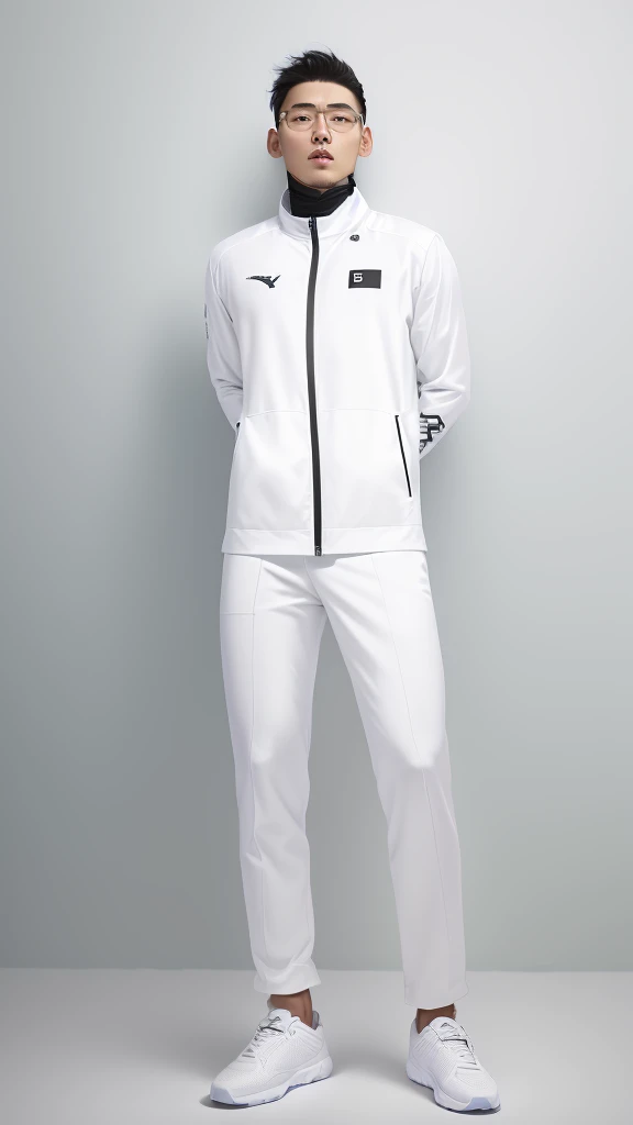 Arav man in white jacket and black pants standing in front of white wall, Wearing a track suit, Yang Qi, Inspired by Wen Zhengming, Inspired by Liu Haisu, Inspired by Zou Yigui, cai xukun, Sportswear, zezhou chen, inspired by Wang Zhongyu, chengwei pan