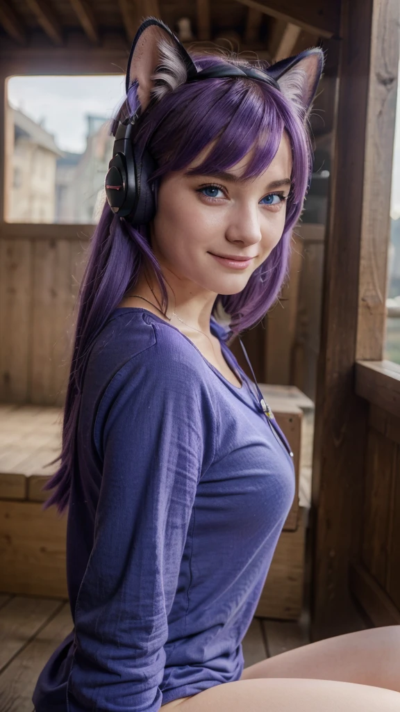 ((best quality)), ((masterpiece)), (Ultra detailed), ((4k)) , ((Eyes Details))
Solo , Purple Hair , Blue eyes , Cute Face , Middle Ages, Cat Ears , Cute Smile ,
Red Long Shirt , Plain Shirt , Headphone Neck , Cute Pose
