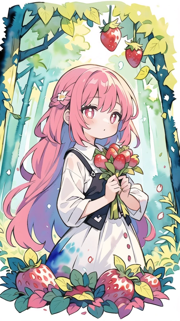 masterpiece, best quality, girl with bouquet, empty pupils, ethereal magical atmosphere, strawberry candy atmosphere, forest, unique, peaceful, colorful, (watercolor \(medium\), drawing, IrisCompiet:1.2),