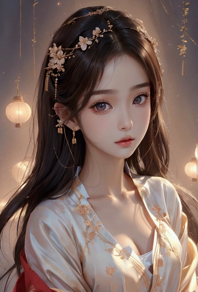 Best image quality、8k、masterpiece：1.3))、Realistic high-quality photos、Highest quality、 Beautiful face、Photos of slim models、Beautiful girl model、Young and pretty face、Beautiful model girl、A lovely and delicate face、Black Hair、Beautiful brown eyes、Young Body、Hanfu, (emphasize)、from the front、Camera gaze,、Anatomically correct、胸の谷間をemphasize、whole body