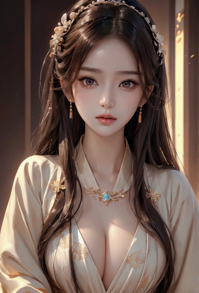 Best image quality、8k、masterpiece:1.3))、Realistic high-quality photos、Highest quality、 Beautiful face、Photos of slim models、Beautiful girl model、Young and pretty face、Beautiful model girl、A lovely and delicate face、Black Hair、Beautiful brown eyes、Young Body、Hanfu, (emphasize)、from the front、Camera gaze,、Anatomically correct、胸の谷間をemphasize、whole body