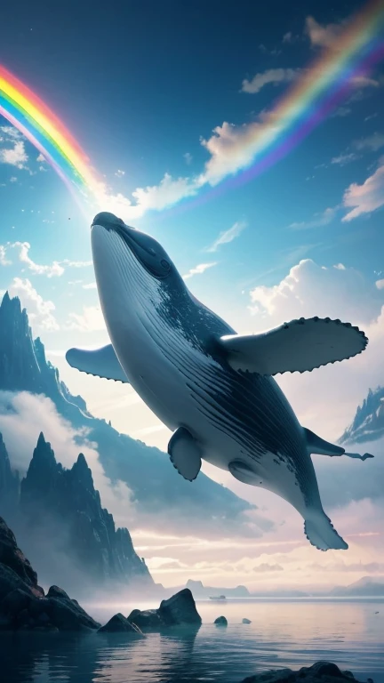 Hyper-realistic digital painting of a flying whale soaring through a dreamlike sky filled with pastel-colored clouds and floating islands. The whale's skin shimmers with iridescent hues, reflecting the magical light of the setting sun. Birds and other fantastical creatures accompany the whale on its serene journey. Below, waterfalls cascade from the floating islands, creating rainbows in the mist. The overall atmosphere is tranquil and surreal, evoking a sense of peace and imagination. Cinematic composition, trending on ArtStation.