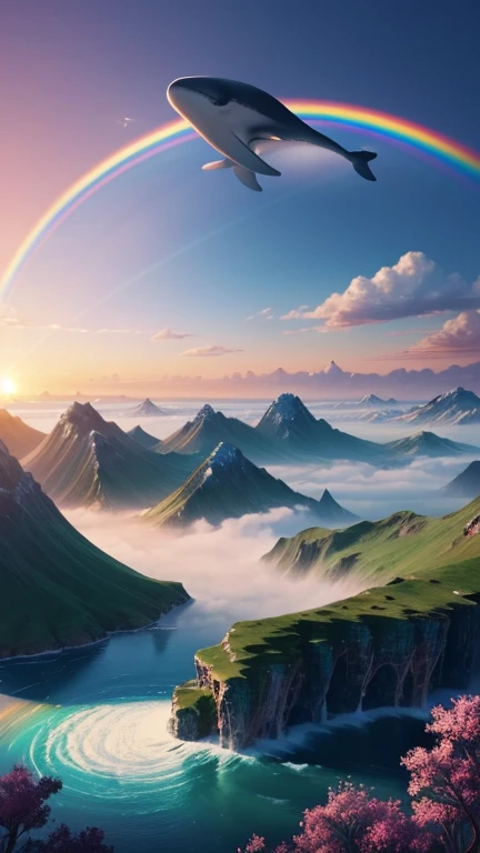 Hyper-realistic digital painting of a flying whale soaring through a dreamlike sky filled with pastel-colored clouds and floating islands. The whale's skin shimmers with iridescent hues, reflecting the magical light of the setting sun. Birds and other fantastical creatures accompany the whale on its serene journey. Below, waterfalls cascade from the floating islands, creating rainbows in the mist. The overall atmosphere is tranquil and surreal, evoking a sense of peace and imagination. Cinematic composition, trending on ArtStation.
