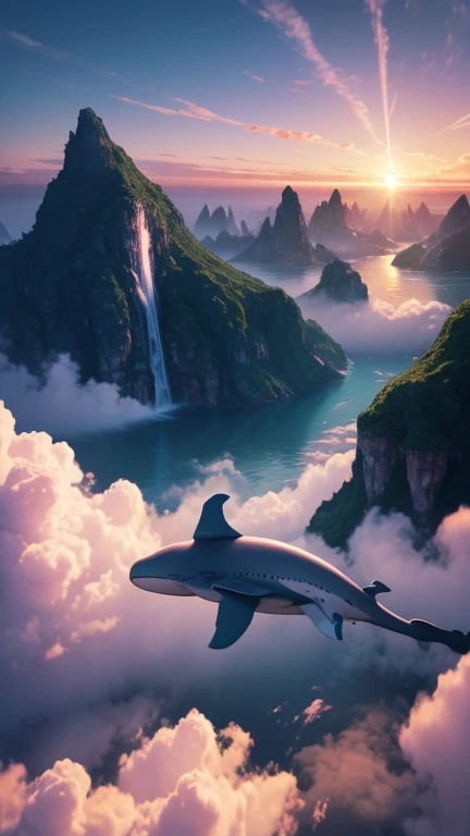 Hyper-realistic digital painting of a flying whale soaring through a dreamlike sky filled with pastel-colored clouds and floating islands. The whale's skin shimmers with iridescent hues, reflecting the magical light of the setting sun. Birds and other fantastical creatures accompany the whale on its serene journey. Below, waterfalls cascade from the floating islands, creating rainbows in the mist. The overall atmosphere is tranquil and surreal, evoking a sense of peace and imagination. Cinematic composition, trending on ArtStation.