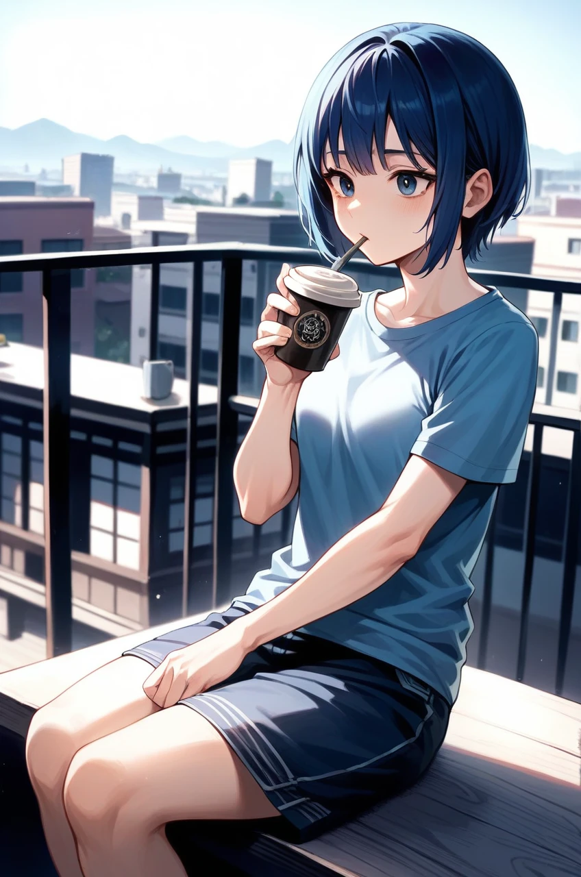 Lofi style, blue tone, blue hair, anime style,Wear comfortable clothes., drink coffee, UHD, Masterpiece, Anatomically correct, textured skin, best quality, 4K