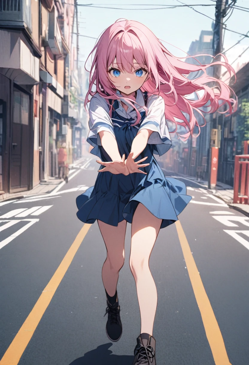 Blocking the way in the middle of the road、Open your arms、whole body、Girl with pink hair、blue eyes