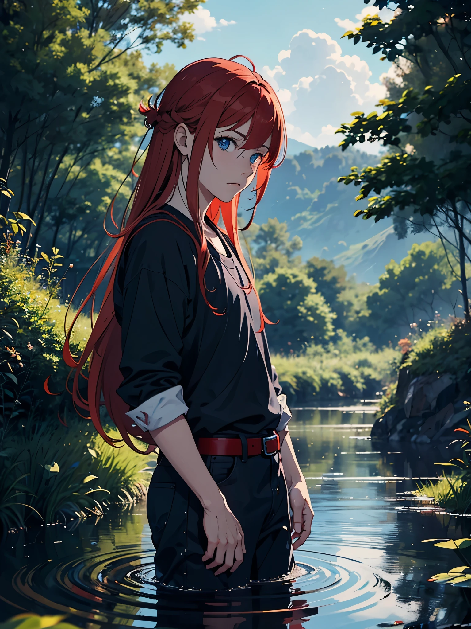 Blaue Flammen. 2D. Flacher. Anime stil. Vikinger kleidung. soft. More anime. Standing in a lake. More anime. More 2D. Clean. More anime. 2d. Glow. Red hair. More anime. male. Long hair. long red hair. boy, vikings. red hair. Blue eyes. fire.