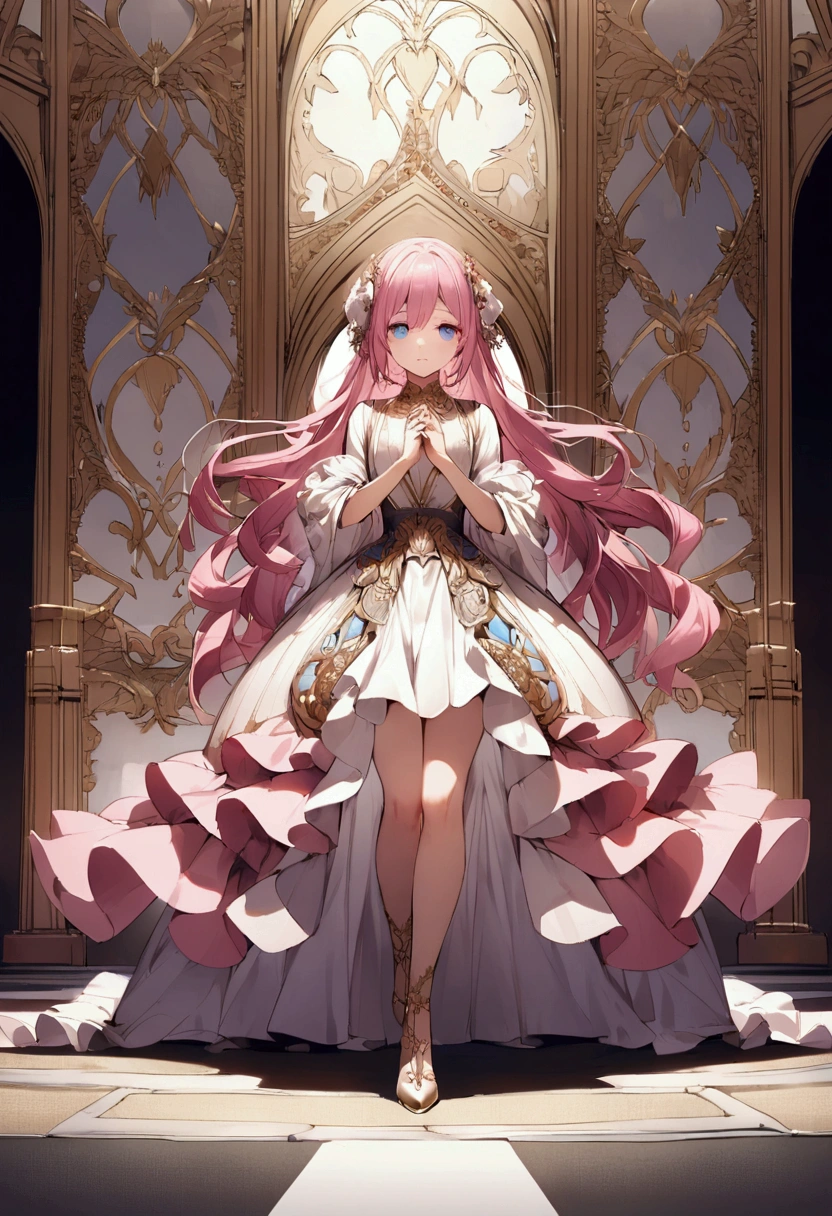 Blocking the way in the middle of the road、Open your arms、whole body、Girl with pink hair、blue eyes