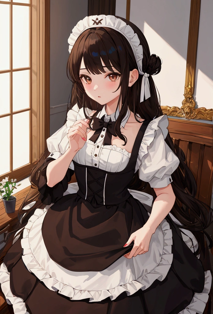 1girl in、A smile、A delightful、skirt by the、(small tits)chilarism、doress、aprons,,,,,,、maid,,,,,,,,、brunette color hair、hair adornments、sport、Black stockings,sitted