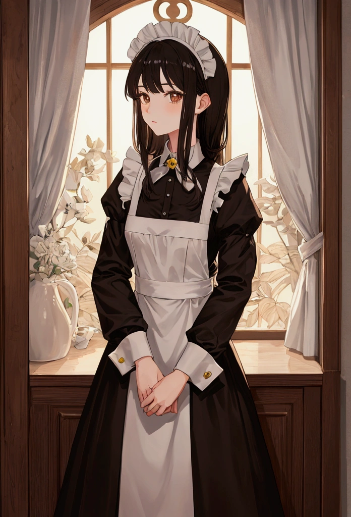 masterpiece, Highest quality, Absurd, Super detailed,One girl, Black Hair,semi-long,Maid clothes,152 cm,cute,Brown eyes,coffee