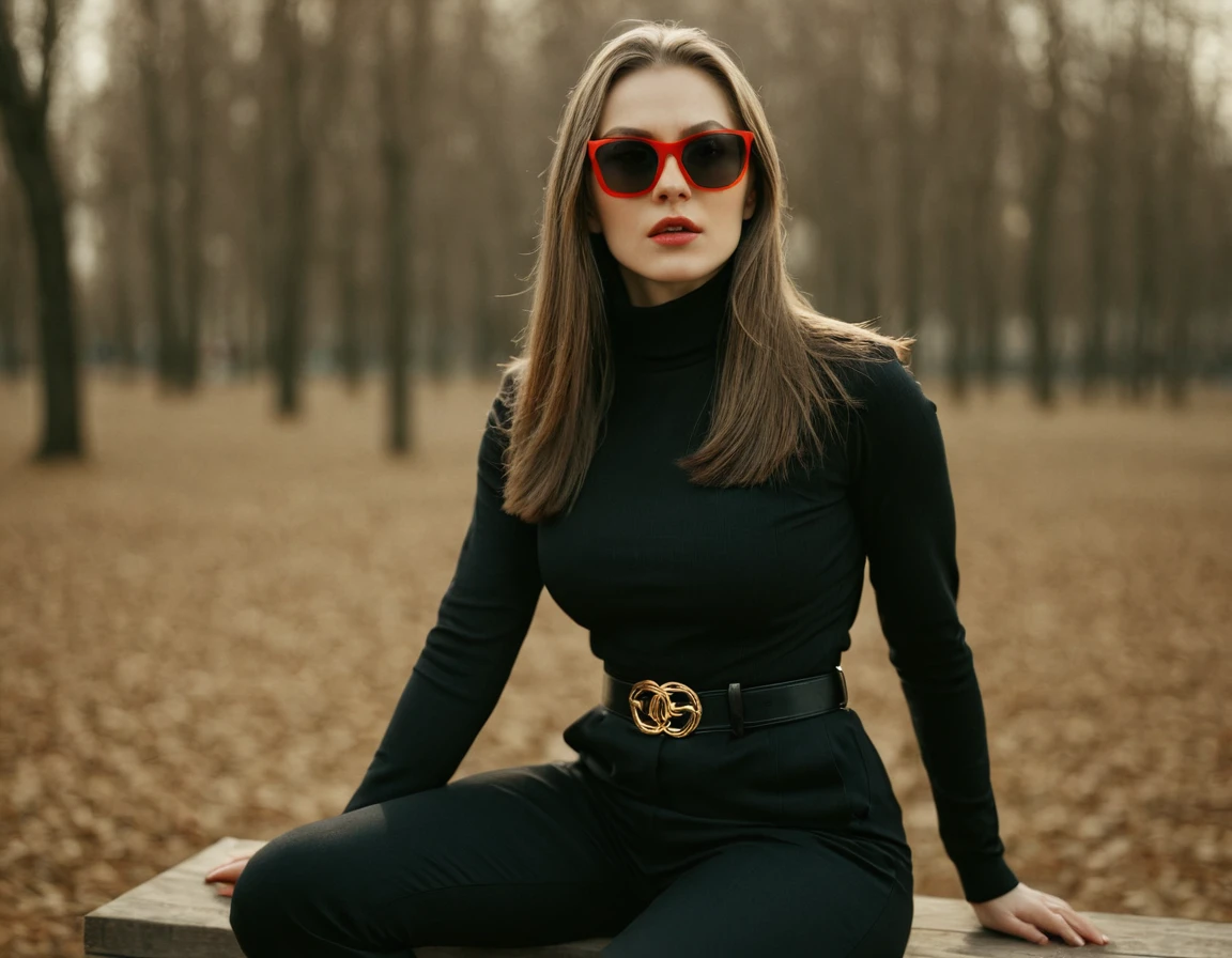 Photo, (sharp focus:1.2), (masterpiece), beautiful evil slavic muscular woman, pale skin, long dark blond hair, cinematic film still, stylish black and white photo, geometry, sunlight, feminine elegant girl in sunglasses with red glasses, black turtleneck, black jacket, wide black trousers, wide belt, (sharp focus on the face:1.3), (detailed), photographed on a Kodak box camera, (hyper realistic:1.4), lifelike texture, (intricate details, hyperdetailed:1.15) (skin texture:1.2), cinematic, professional, 4k, (((dynamic model pose))), sitting, full body, mesmerizing, dynamic, dramatic, dynamic pose, highly detailed skin with hair, subcutaneous veins, light and shadow play, highly detailed,24mm photograph, bokeh, professional, 4k,
