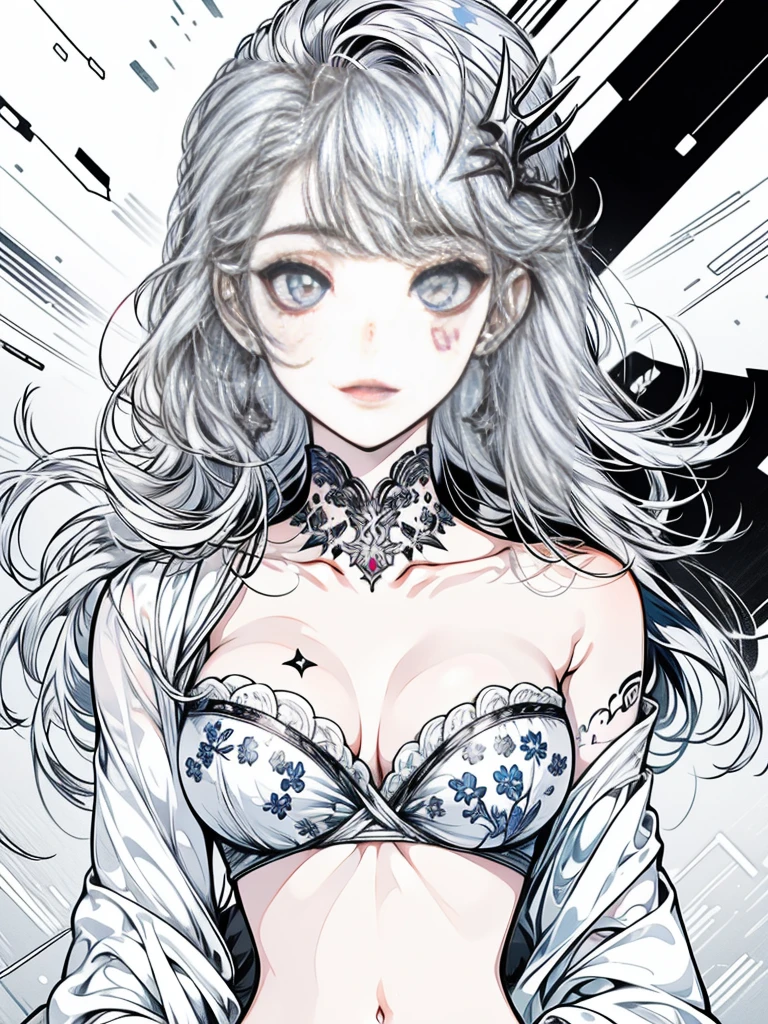 Line art、Drawing with lineonochrome、Highest quality, Clean and well-groomed face, clear, Bright and Shiny Eyes, Long eyelashes, Punk Girl, Earrings, Big Breasts, Body tattoos, Obscene lines, Navel exposed, 