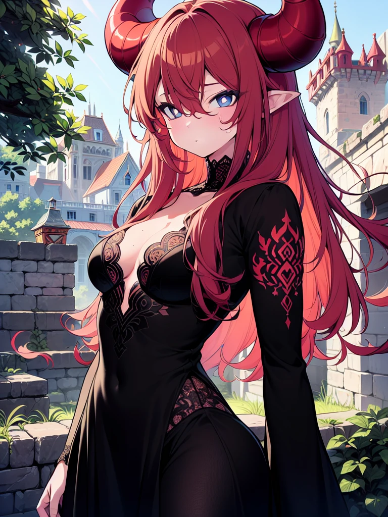 (cowboy shot), colorful, (best quality, ultra-high resolution, depth of field:1.2), (beautiful face), 1woman, (tan skin), (red hair:1.1), streaked hair, curved horns, (different color pupil in eye:1.1), (detailed deep eyes), (small breasts), slight cleavage, wide hips, (detailed fantasy dress with highlights:1.3), lace, black collar, tattoo, (expressionless), (abandoned castle ruins covered by foliage on the background:1.1), ruins