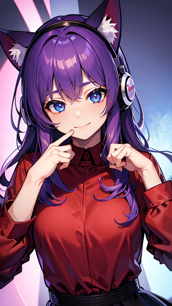 ((best quality)), ((masterpiece)), (Ultra detailed), ((4k)) , ((Eyes Details))
Solo , Purple Hair , Blue eyes , Cute Face , Middle Ages, Cat Ears , Cute Smile ,
Red Long Shirt , Plain Shirt , Headphone Neck , Cute Pose
