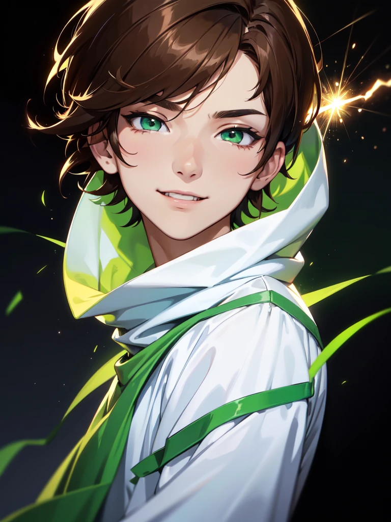 (((Portrait Photo))), He has a Bold and Youthful Appearance of a ager, with a Slim and Lively Build that Radiates Vivacity. His Short, Straight Brown Hair is Stylishly Cut, with Bangs that Gracefully Frame His Forehead, Highlighting His Features with a Touch of Modern Flair. His Bright, Emerald Green Eyes, Filled with a Spark of Enthusiasm and Joy, Giving His a Cheerful Aura. He is Dressed in a Baggy White Sweatshirt. His Expression is Proud, with a Slight Smile that Conveys a Sense of Arrogance. (((High Quality, Dark Background))), (((Portrait Photo)))
