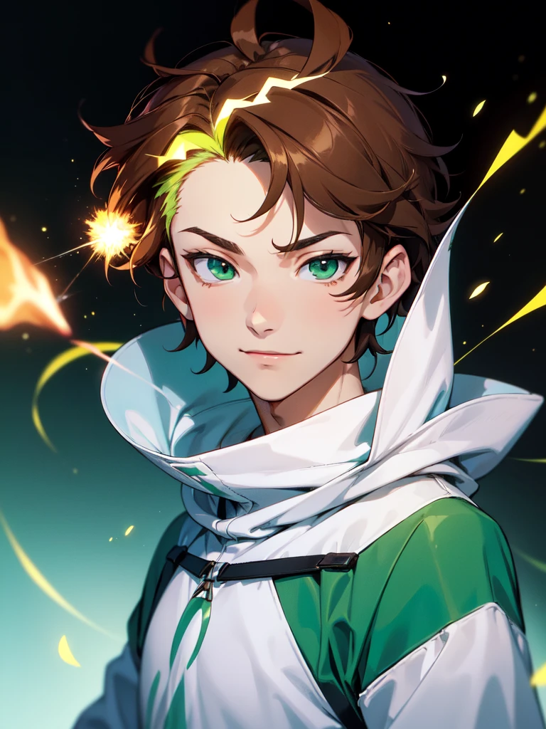 (((Portrait Photo))), He has a Bold and Youthful Appearance of a ager, with a Slim and Lively Build that Radiates Vivacity. His Short, Straight Brown Hair is Stylishly Cut, with Bangs that Gracefully Frame His Forehead, Highlighting His Features with a Touch of Modern Flair. His Bright, Emerald Green Eyes, Filled with a Spark of Enthusiasm and Joy, Giving His a Cheerful Aura. He is Dressed in a Baggy White Sweatshirt. His Expression is Proud, with a Slight Smile that Conveys a Sense of Arrogance. (((High Quality, Dark Background))), (((Portrait Photo)))