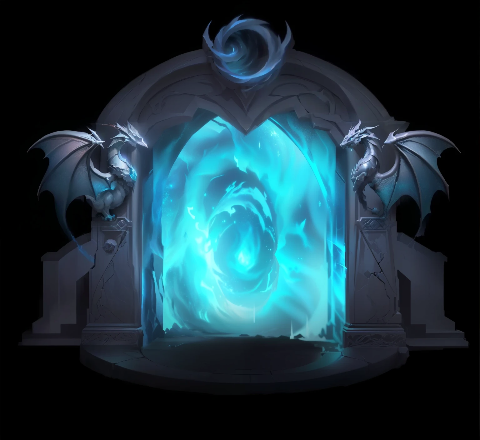 magical portal,swirl, Two stone dragons on the left and right,Portal to the Etheric Realm, Portal to the Lost Realm of Flame, Dark Dimension Portal,Magic portal opened, swirl传送门 放逐长老, Door to the Deep,Diablo Immortal concept art
