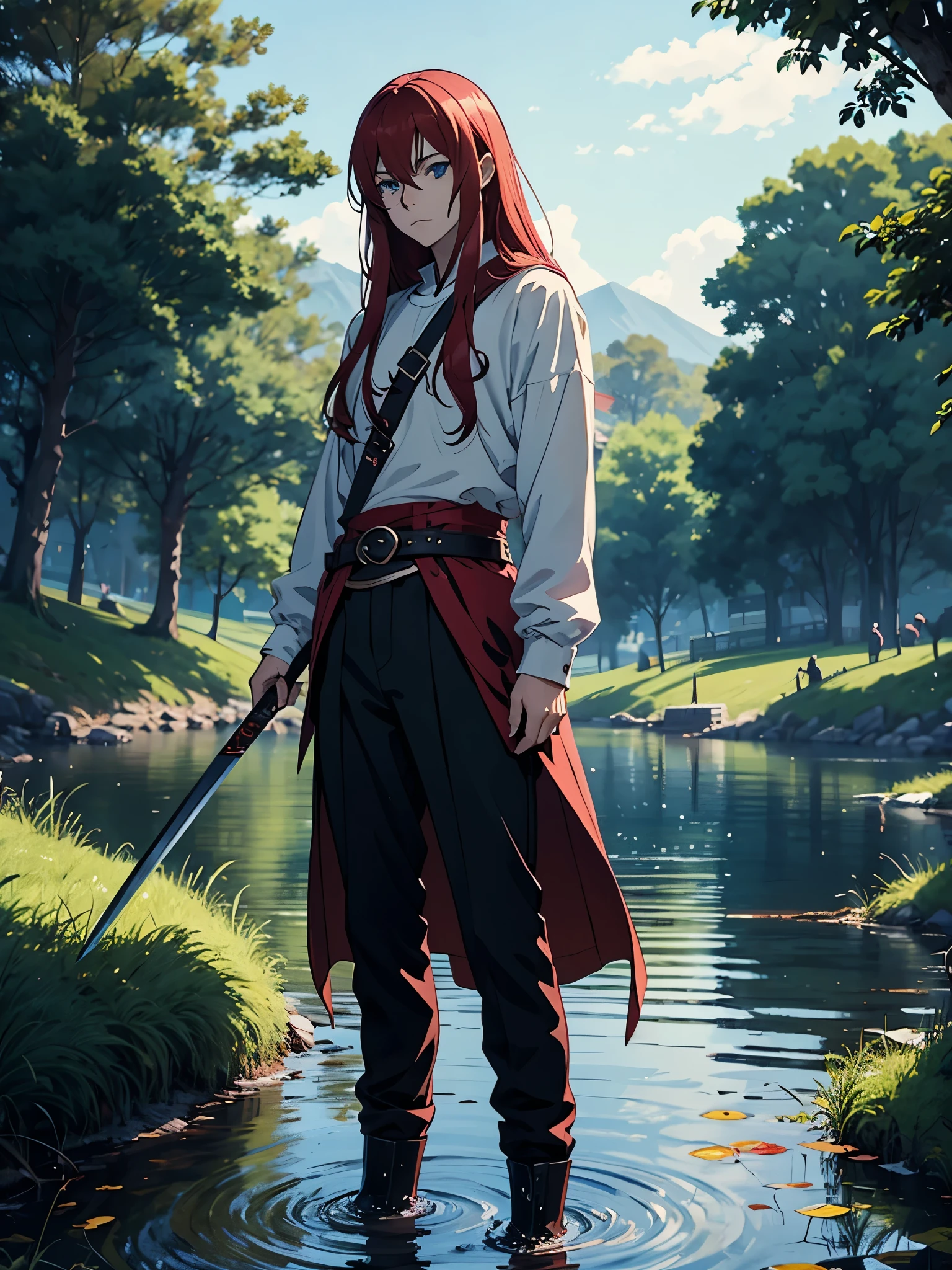Mehr anime style. flat. Sword. Runes. 2d. flater. anime style. Viking clothing. soft. More anime. Standing in a lake. More anime. More 2d. Clean. More anime. 2d. Glow. Red hair. More anime. male. Long hair. long red hair. boy, vikings. red hair. Blue eyes. fire. 