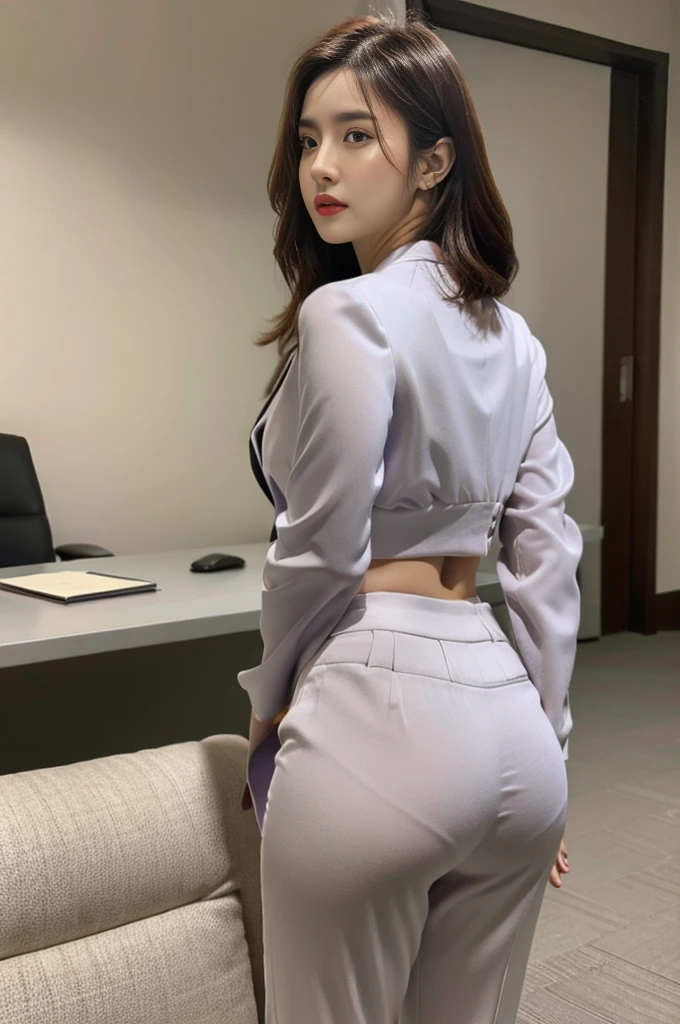 (best qualtiy,8k,32K,tmasterpiece,,realisticlying,The is very detailed, hyper HD:1.2),1girll, Female celebrities,Exquisitehands, a narrow waist,Purple top,Open jacket,office lady,Business suit,trouser,from back,office room,Office desk,(stick out buttocks:1.2),Cocked buttocks,Detailed face,short detailed hair,absurderes,Background bokeh, satin flowing pant, protruding beautiful wide hips