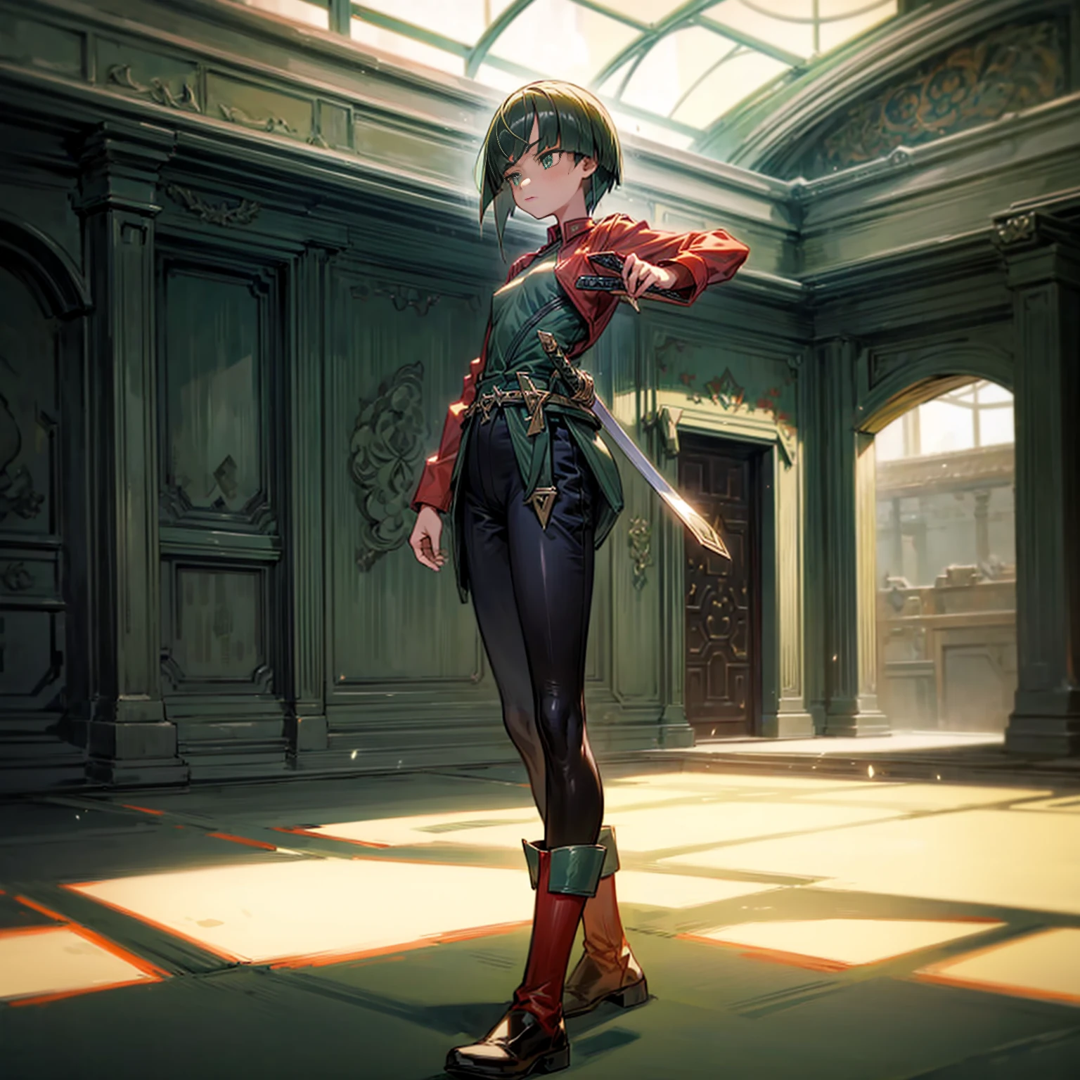 1girl, Full body version, 1character, green eyes, short haircut, green color hair, soldier style clothing, red colour clothing, boots, Grassroots, background indoor building city, motion blur, (detective conan style art), standing gesture, sword in hand 