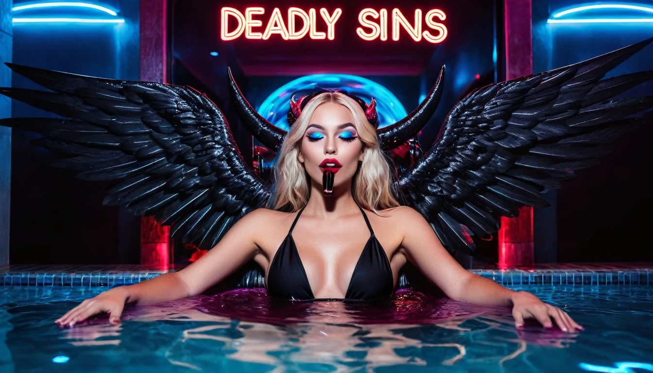wide pov pic of a Beautiful woman with long straight blonde hair with blue and pink highlights baddie makeup and blue eyes, wearing a tight black bikini, red halo,big black angelic wings,she is laying & chill on a demonic tube floating on a big red wine pool,holding a glass of red wine,red lasers around pool,red circulars moke out of his mouth,a dj booth behind him with glowing text "Deadly sins",female devils dancing around.night party on luxurious red& black glow hotel.