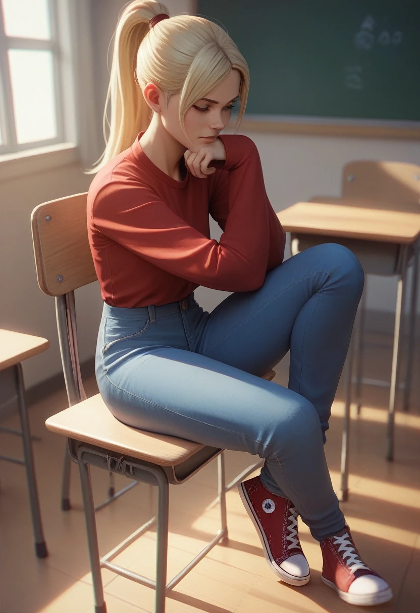 blonde girl, red shirt, blue pants, ponytail, 3d, shirt sleeves, classroom, blue jeans, converse shoes