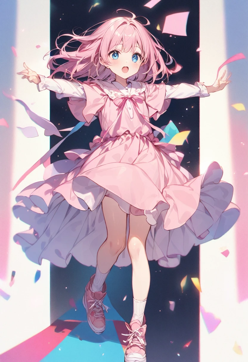 Blocking the way in the middle of the road、Open your arms、whole body、Girl with pink hair、blue eyes