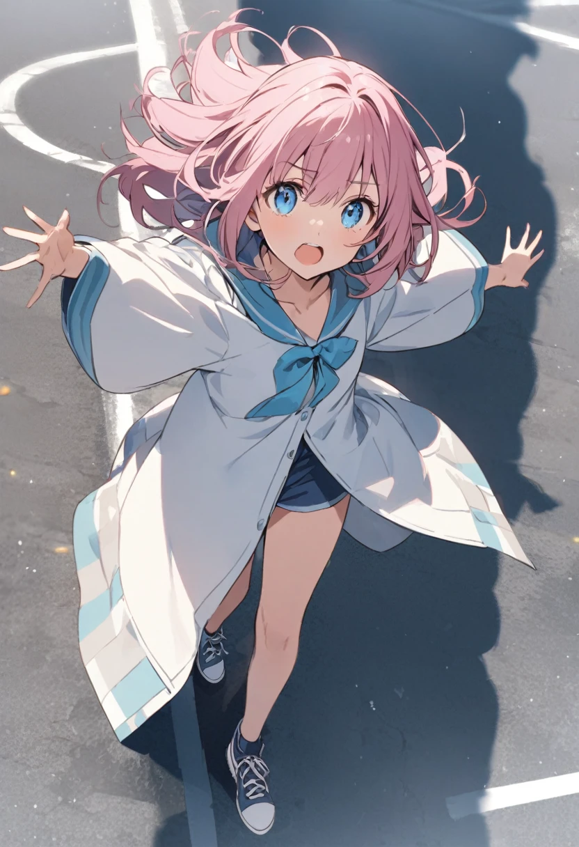 Blocking the way in the middle of the road、Open your arms、whole body、Girl with pink hair、blue eyes