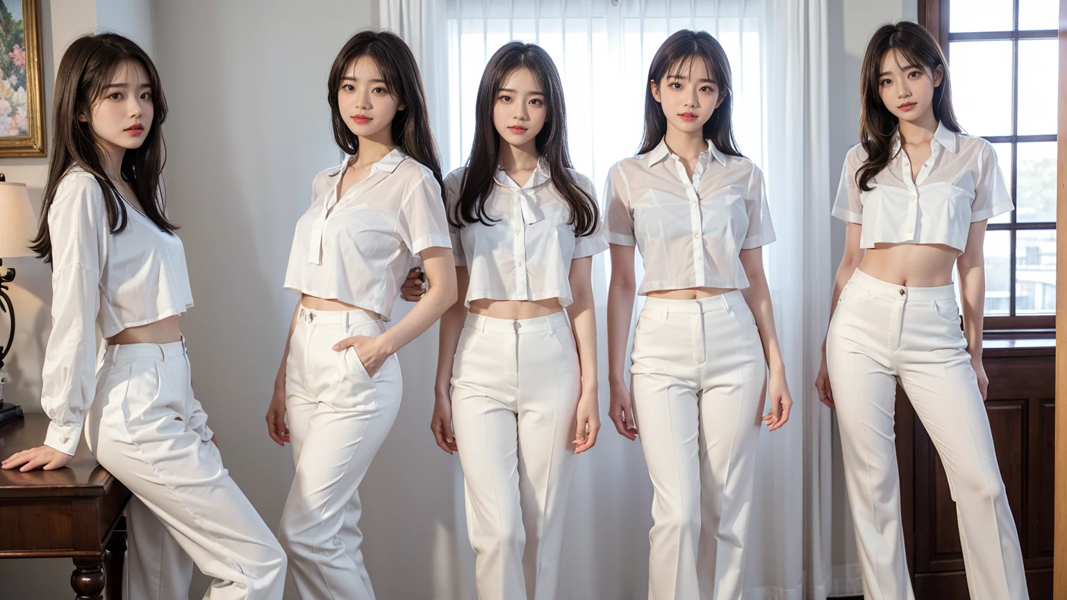 (Highest quality、32K、masterpiece:1.3)、(Beautiful woman:1.3)、(5 girls:1.3)、(Full body photo:1.3)、(Photo from behind)、(Bra visible through clothes、White trousersから透けて見えるパンティ、See through clothes、uniform、White shirt、White trousers、Red bra、Red panties、Short sleeve、See-through)