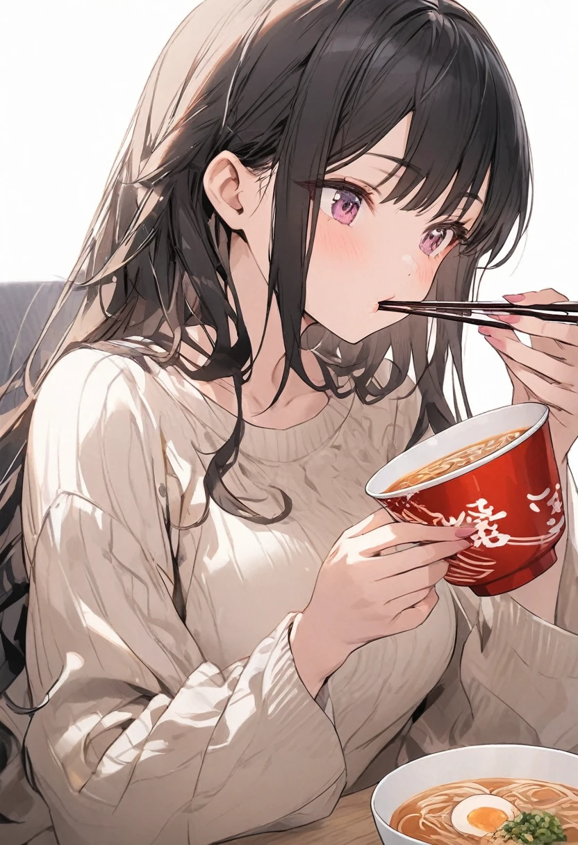 (Highest quality),Woman sipping ramen,Eat with chopsticks,