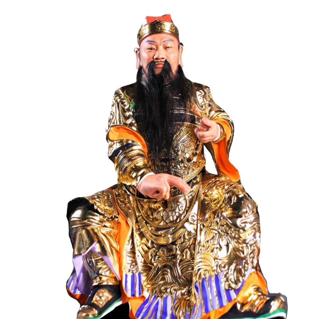 an ancient chinese man, wearing golden robes, golden hat, long beard, holding a belt near the chest, taoist priest, silky robe, 