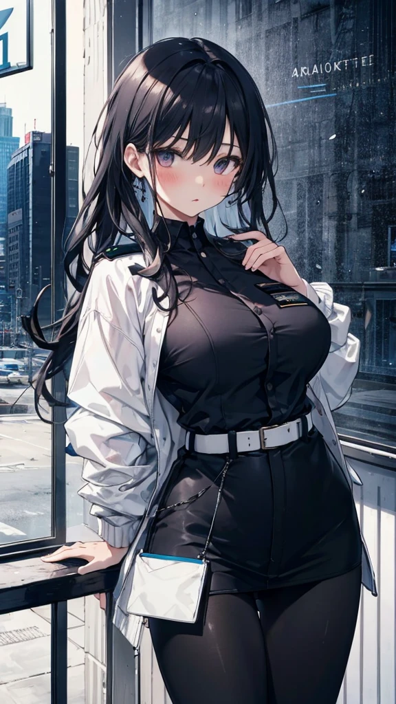 1 Girl:1.3), Solitary, __body parts__ Delicate and realistic skin, Pale skin, Large target, Official Art, Unity 16K Wallpaper, Ultra Detailed, beauty, masterpiece, best quality, Awesome atmosphere, Calming color palette, A calm mood, Soft shadows, Airline stewardess, charm，((Large Breasts))，Black tights，Police Uniform，（(Black leggings)),sweater,blush，liquid，cute，Tights