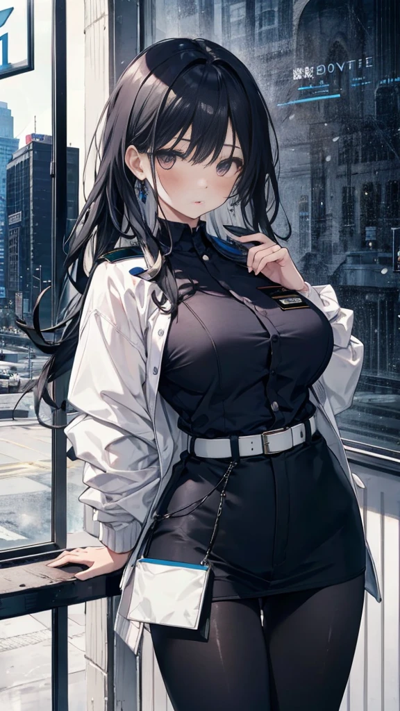 1 Girl:1.3), Solitary, __body parts__ Delicate and realistic skin, Pale skin, Large target, Official Art, Unity 16K Wallpaper, Ultra Detailed, beauty, masterpiece, best quality, Awesome atmosphere, Calming color palette, A calm mood, Soft shadows, Airline stewardess, charm，((Large Breasts))，Black tights，Police Uniform，（(Black leggings)),sweater,blush，liquid，cute，Tights