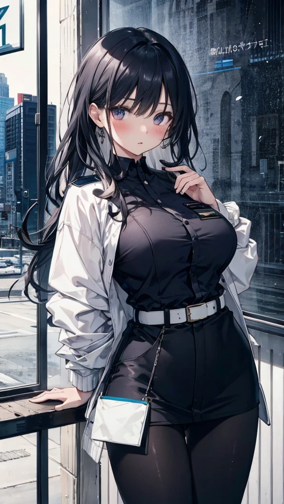 1 Girl:1.3), Solitary, __body parts__ Delicate and realistic skin, Pale skin, Large target, Official Art, Unity 16K Wallpaper, Ultra Detailed, beauty, masterpiece, best quality, Awesome atmosphere, Calming color palette, A calm mood, Soft shadows, Airline stewardess, charm，((Large Breasts))，Black tights，Police Uniform，（(Black leggings)),sweater,blush，liquid，cute，Tights