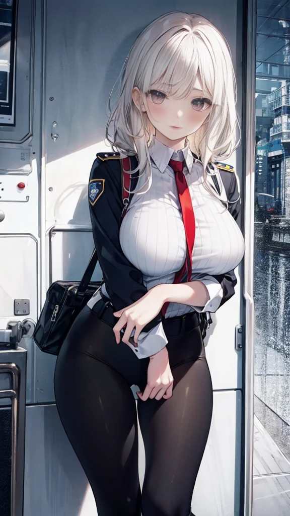 1 Girl:1.3), Solitary, __body parts__ Delicate and realistic skin, Pale skin, Large target, Official Art, Unity 16K Wallpaper, Ultra Detailed, beauty, masterpiece, best quality, Awesome atmosphere, Calming color palette, A calm mood, Soft shadows, Airline stewardess, charm,((Large Breasts)),Black tights,Police Uniform,((Black leggings)),sweater,blush,liquid,cute,Tights