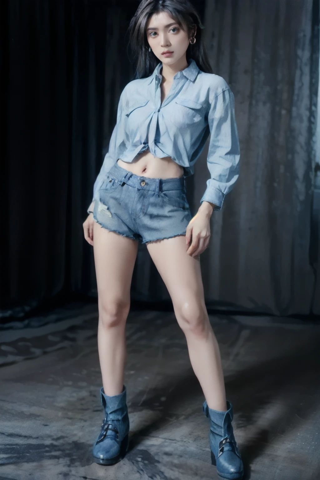 (tall:2),(photo realist: 1.2), (hiper realist: 1.2), (realistic: 1.2), (smoother lighting: 1.2), (Improve the quality of movie lighting: 1.2), (RAW photo:1.2), (better quality:1.2), (perfect eyes:1.2), (masterpiece:1.2), (Physically based rendering:1.2), (ultra high resolution:1.2), (best quality:1.2),(standing:2),(full body shot:2),(sexy pose:2),(long hair:1.2),(beauty face:1.2),(earring:2),(ember eyes:1.2),(tied shirt:1.2),(denim micro shirt:2),(belt:1.2),(beauty legs:2),(leather shoes:1.2),(simple background:1.2),(shiny skin:1.2),(navel:1.2)