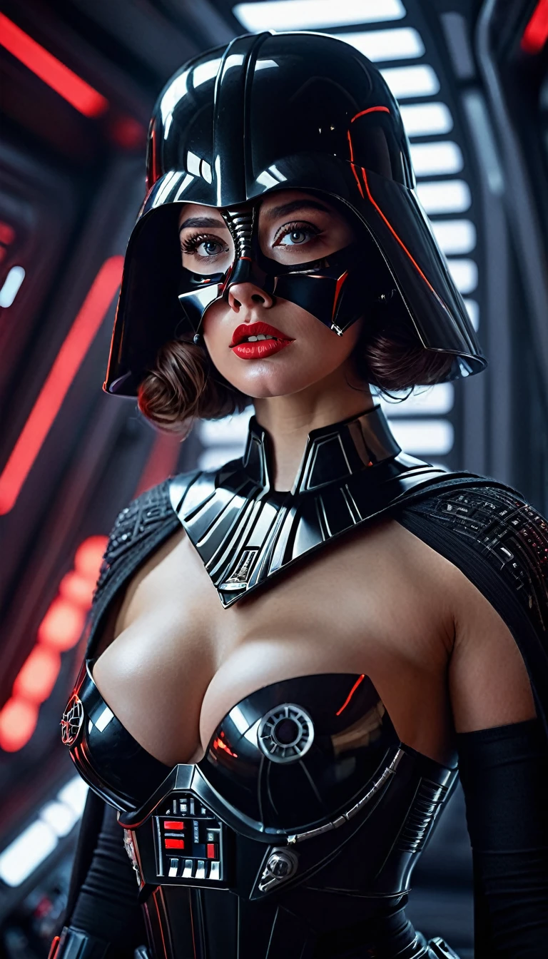 a cinematic star wars scene darth vader but as female charakter natural breasts, topless, naked , nude, intricate detailed face, beautiful detailed eyes, beautiful detailed lips, extremely detailed face and eyes, long eyelashes, red glowing light sabber, detailed portrait, photorealistic, inside a space vessel , full body shoot, dramatic lighting, intricate armor and details, dynamic attack fithing pose, full body shot, cinematic composition, hyper-realistic, moody color palette, dramatic lighting and shadows, intricate details, masterpiece